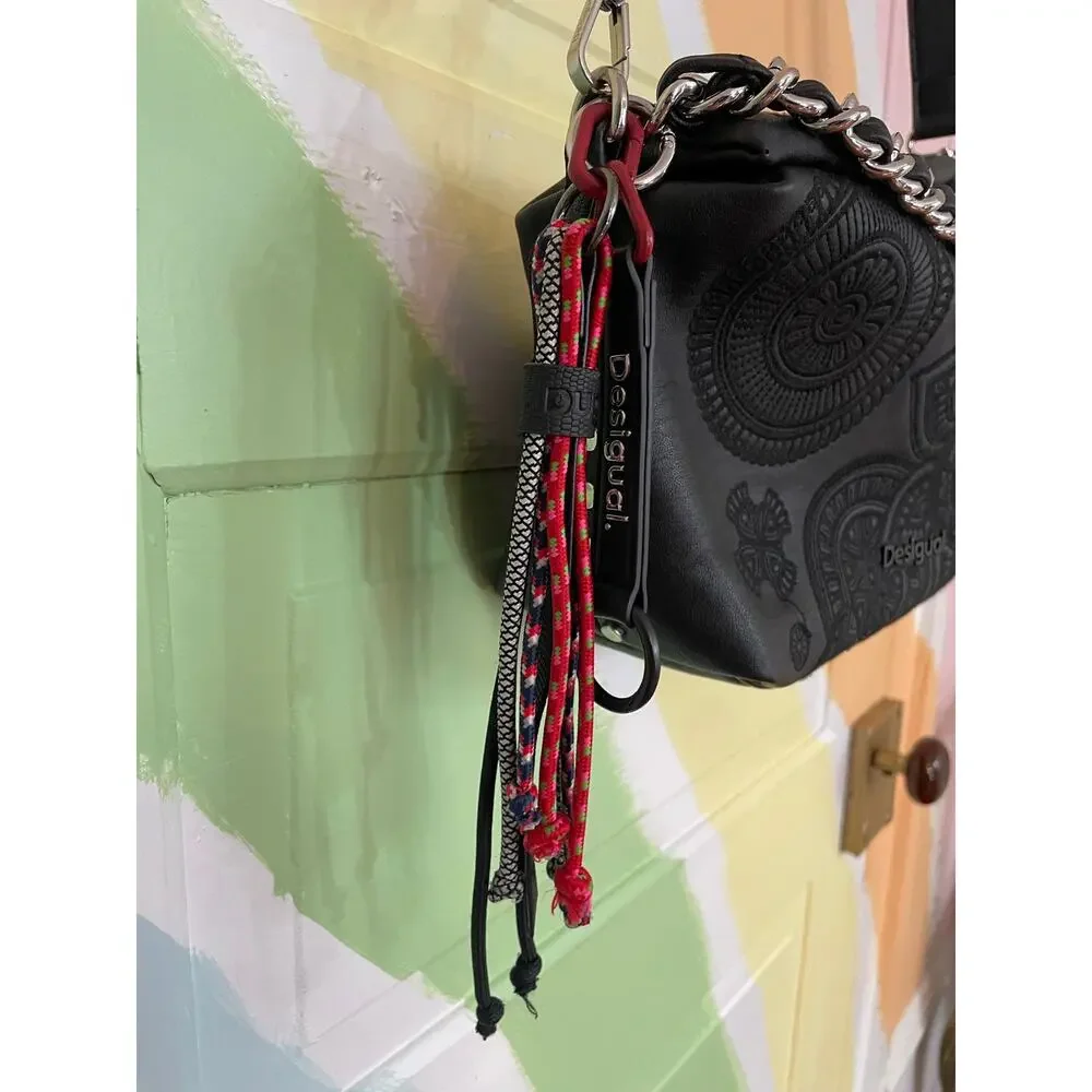 Desigual Black Embossed Mandala Chain Crossbody Shoulder Bag Tassel Boho